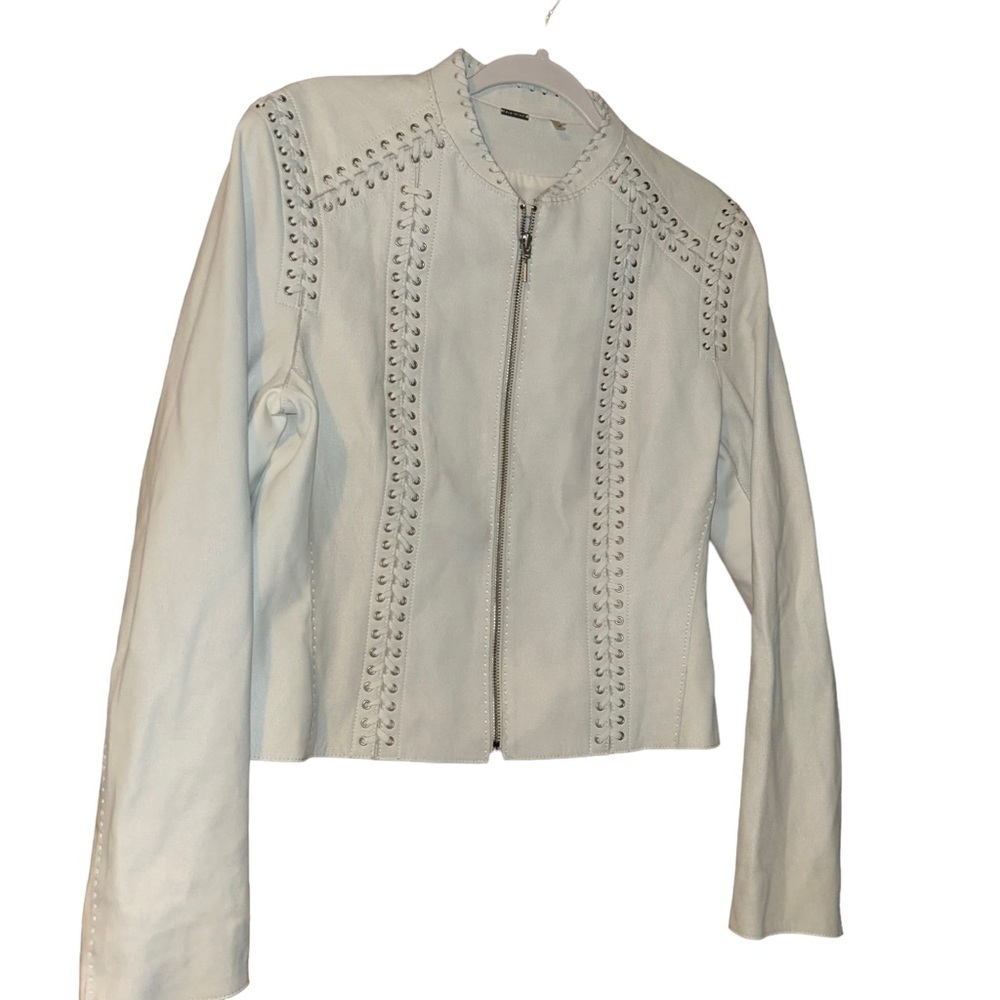Elie Tahari Janet weave lace up 100% lamb leather crop jacket retail $1000+ sz L
